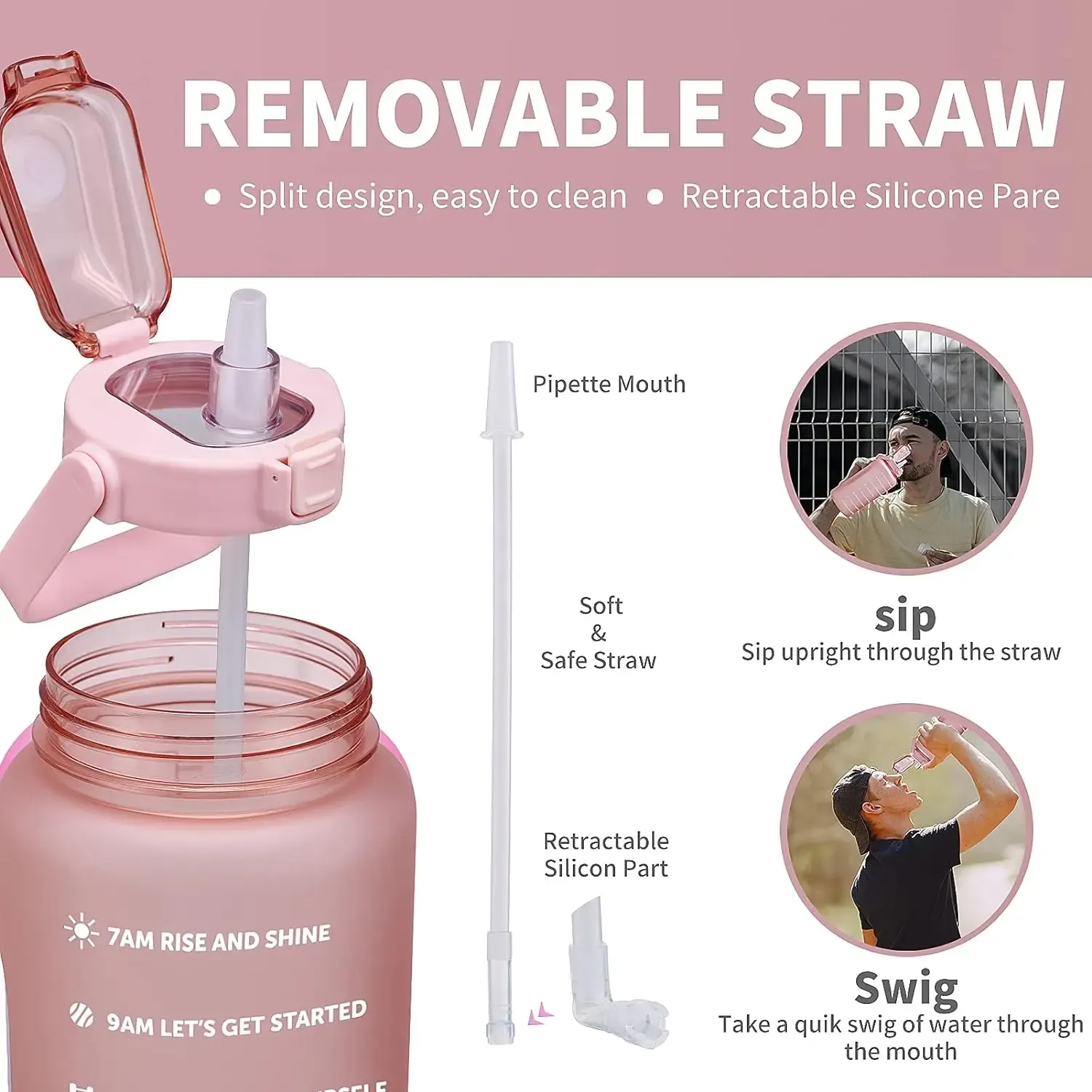 Bouteille d'eau 2 L avec paille, grande capacité, pour le sport et les voyages, gourde portable avec marqueur de temps 5