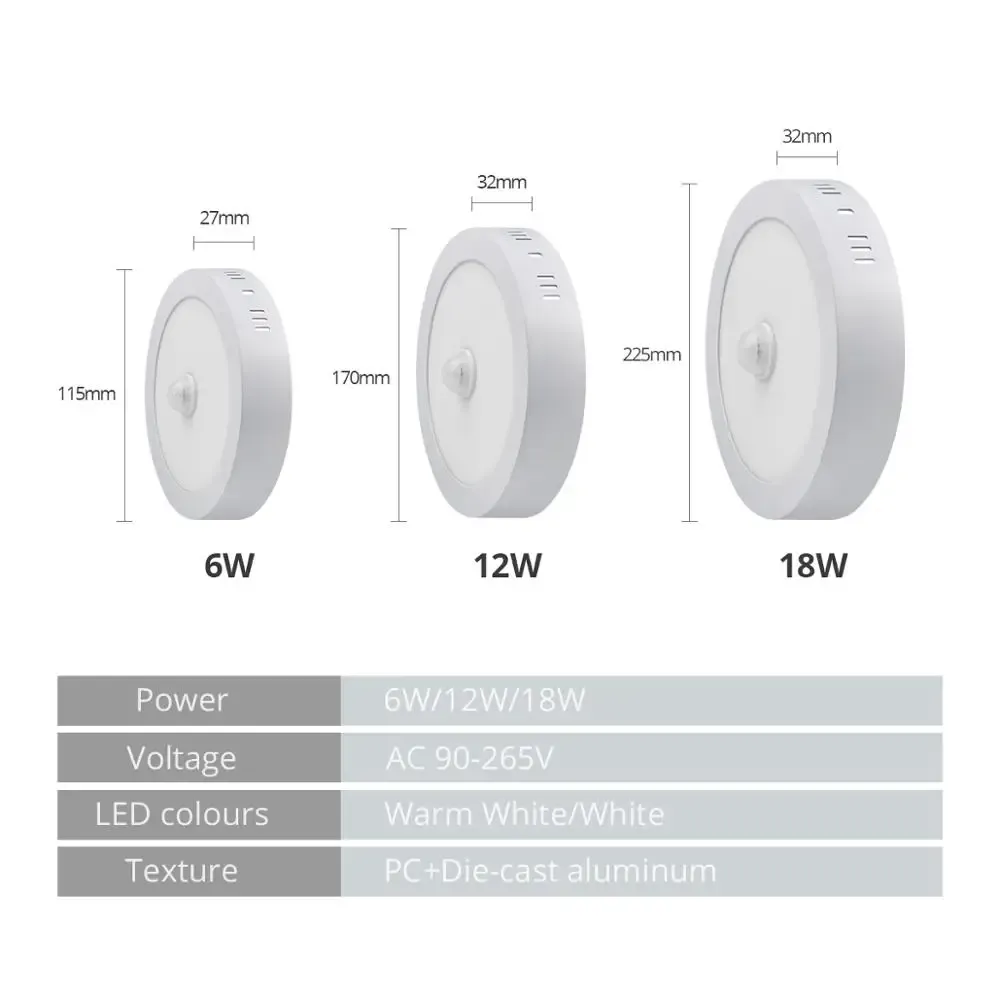Plafonnier LED 6W/12W/18W avec détecteur de mouvement PIR pour couloir, chambre et toilettes, 85-265V 5