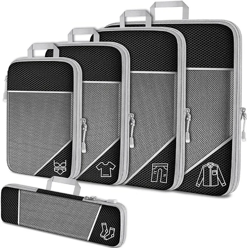 Lot de 5 cubes de rangement compressibles avec pochette à chaussures pour voyage, organisateur de bagages en maille transparente 2