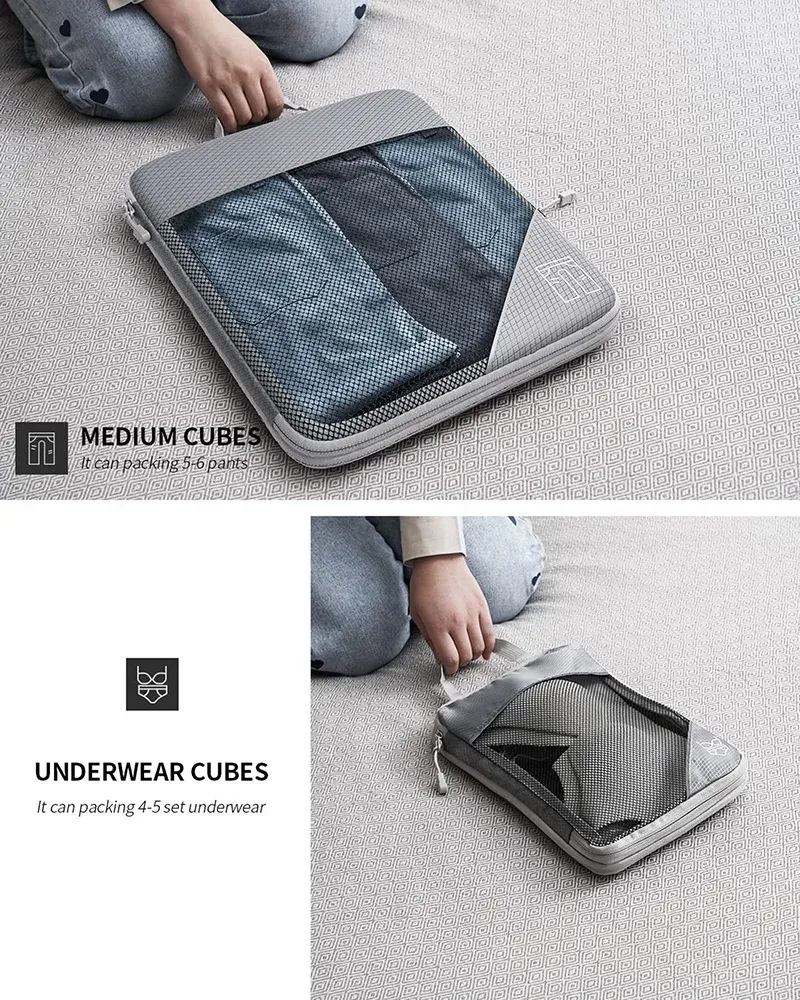 Cubes de rangement compressibles en situation de voyage