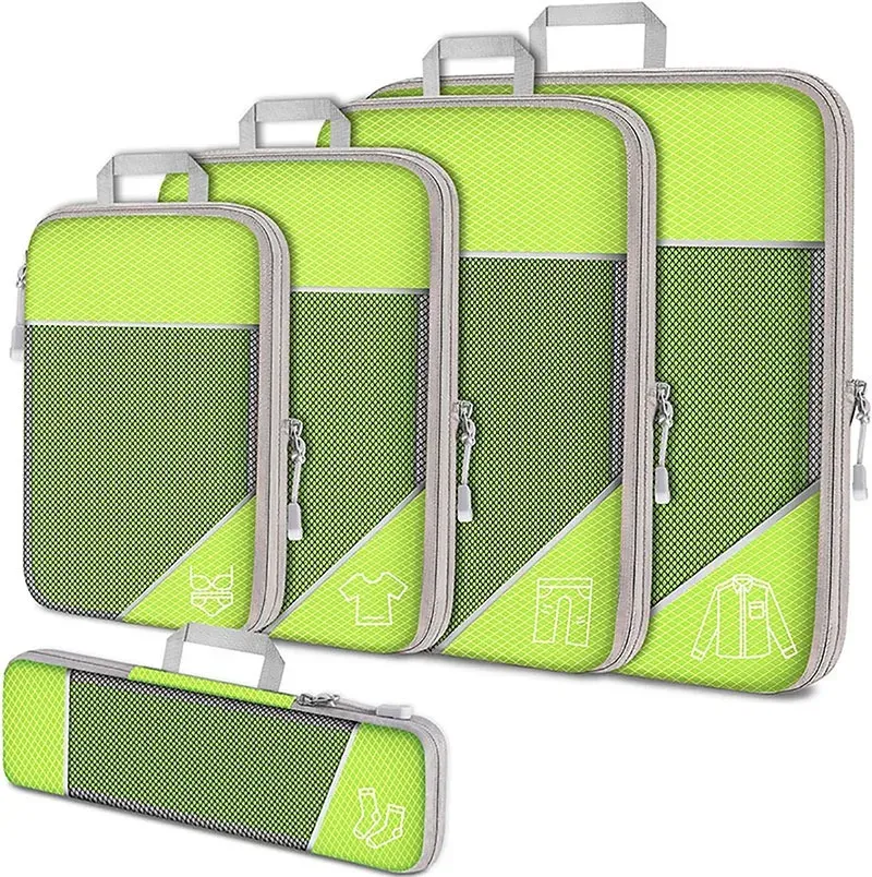 Lot de 5 cubes de rangement compressibles avec pochette à chaussures pour voyage, organisateur de bagages en maille transparente 12