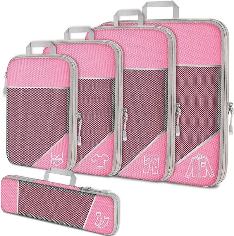 Lot de 5 cubes de rangement compressibles avec pochette à chaussures pour voyage, organisateur de bagages en maille transparente 14