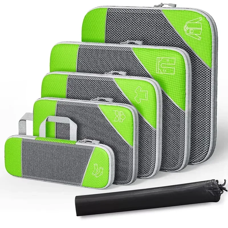 Lot de 5 cubes de rangement compressibles avec pochette à chaussures pour voyage, organisateur de bagages en maille transparente 13
