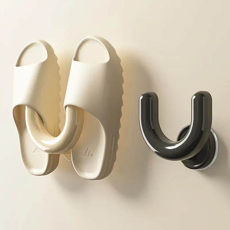 Support à ventouse pour chaussures, organisateur mural de pantoufles pour salle de bain et douche, crochet pratique pour pantoufles, noir et blanc - Image 1