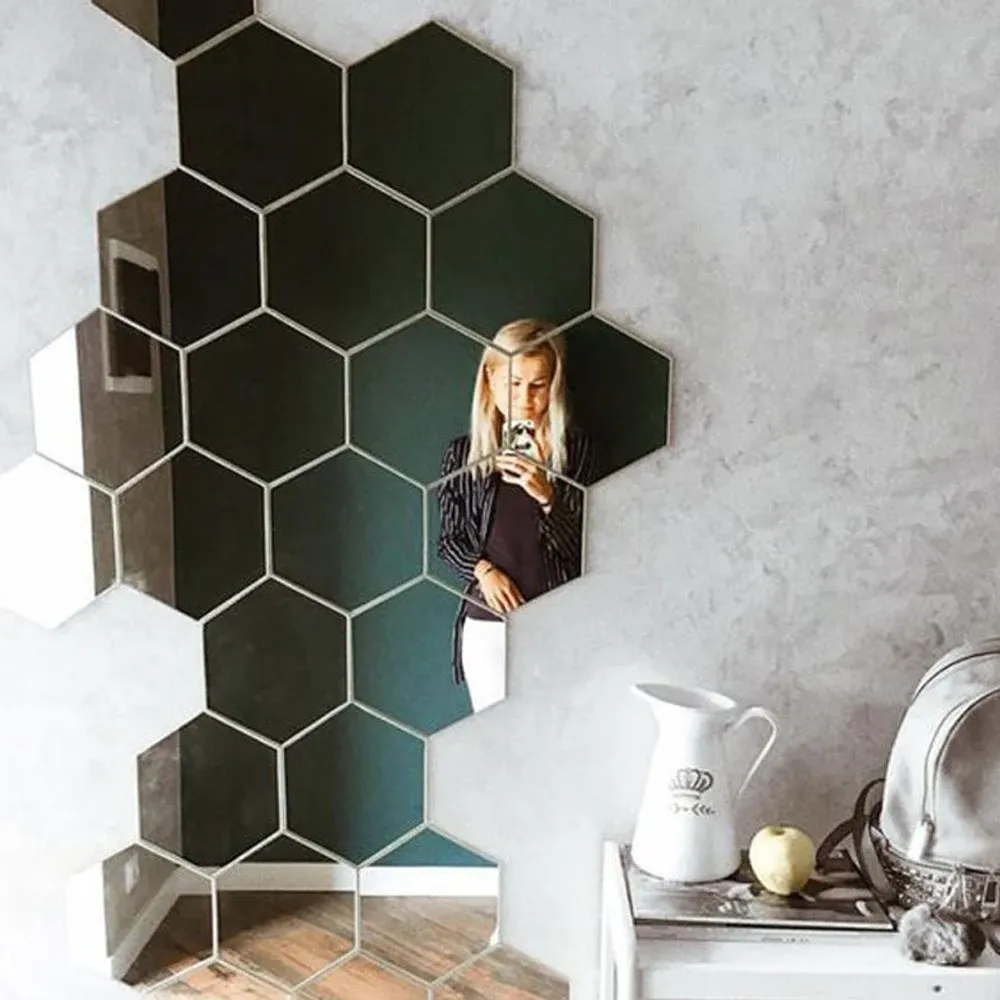 Lot de 6 ou 12 stickers muraux 3D hexagonaux miroir or rose, autocollants