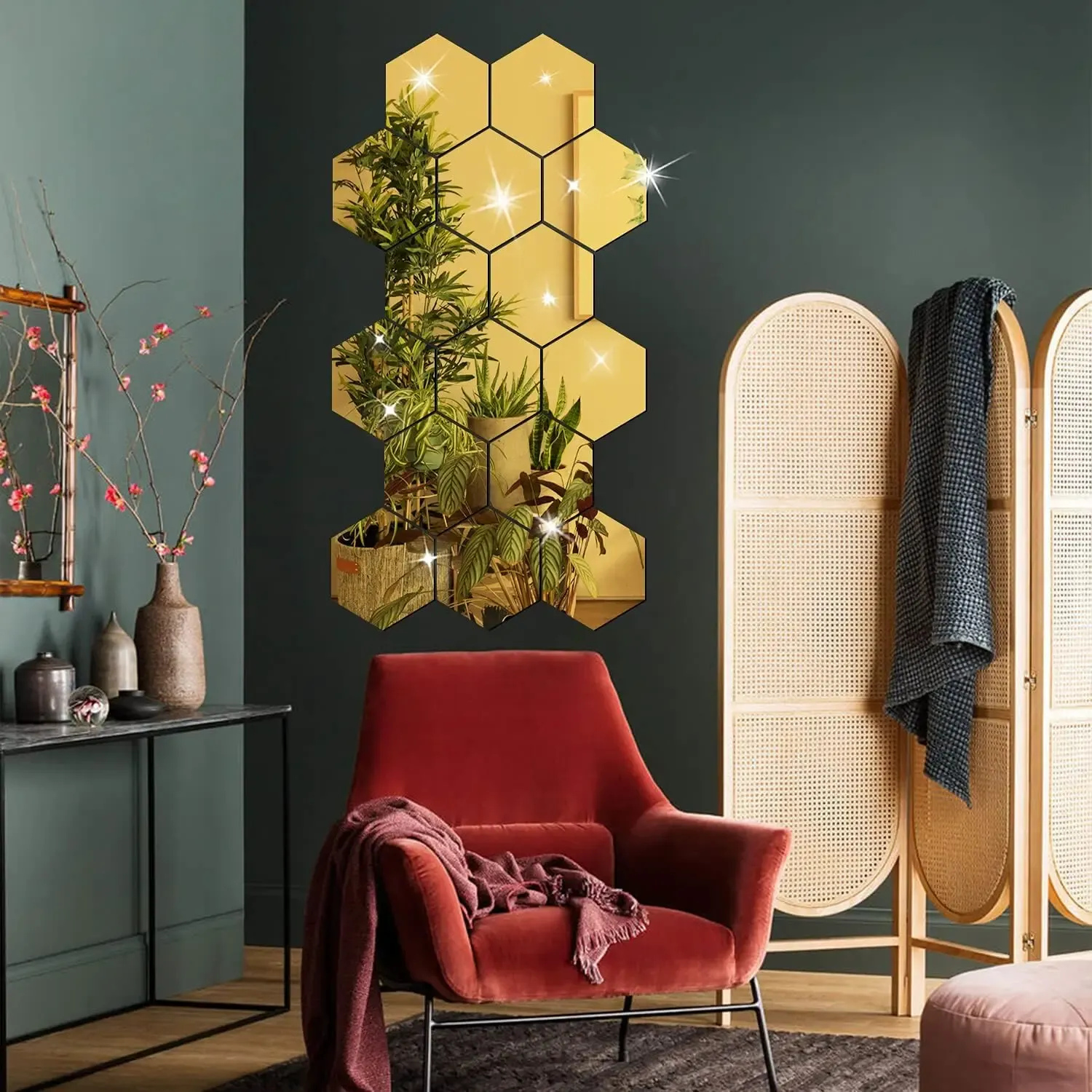 Lot de 6 ou 12 stickers muraux 3D hexagonaux miroir or rose, autocollants 2