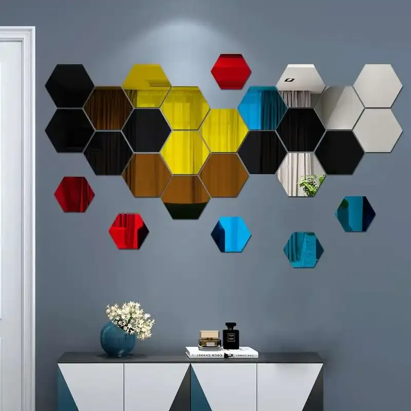 Lot de 6 ou 12 stickers muraux 3D hexagonaux miroir or rose, autocollants 3