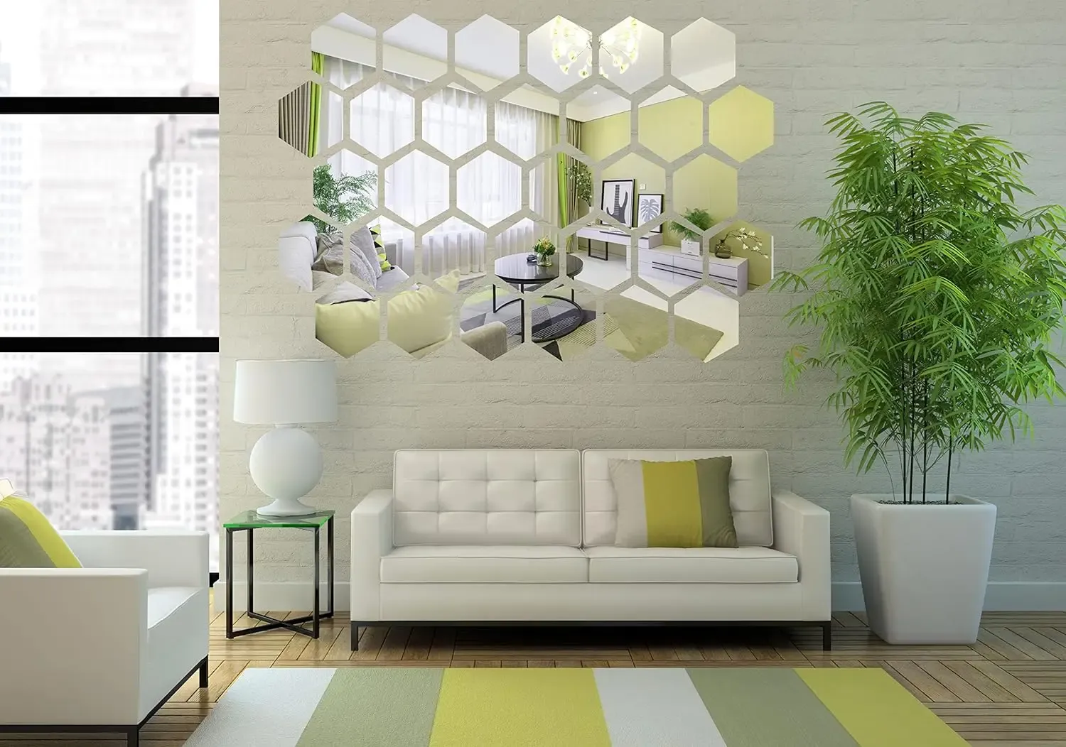Miroirs hexagonaux 3D autocollants or rose sur un mur d'intérieur