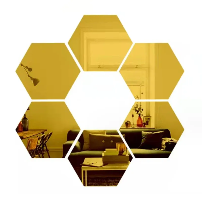 Lot de 6 ou 12 stickers muraux 3D hexagonaux miroir or rose, autocollants 8