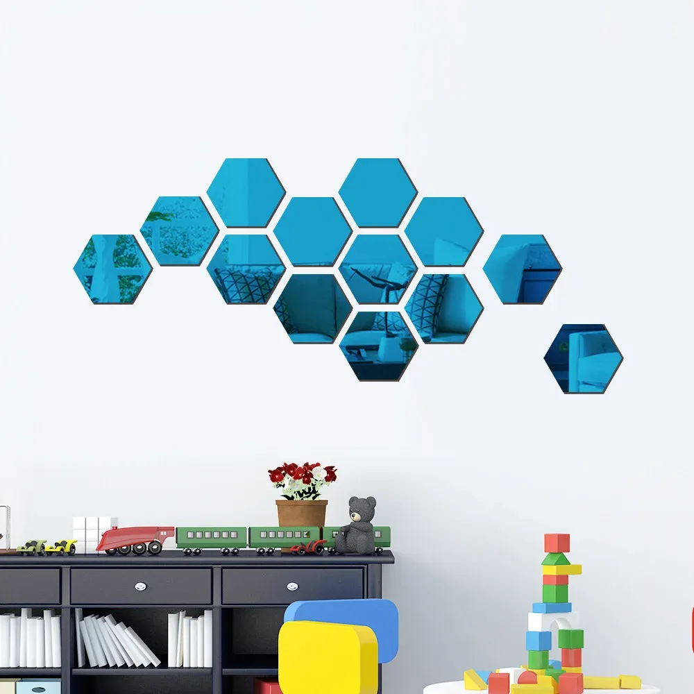 Lot de 6 ou 12 stickers muraux 3D hexagonaux miroir or rose, autocollants 13