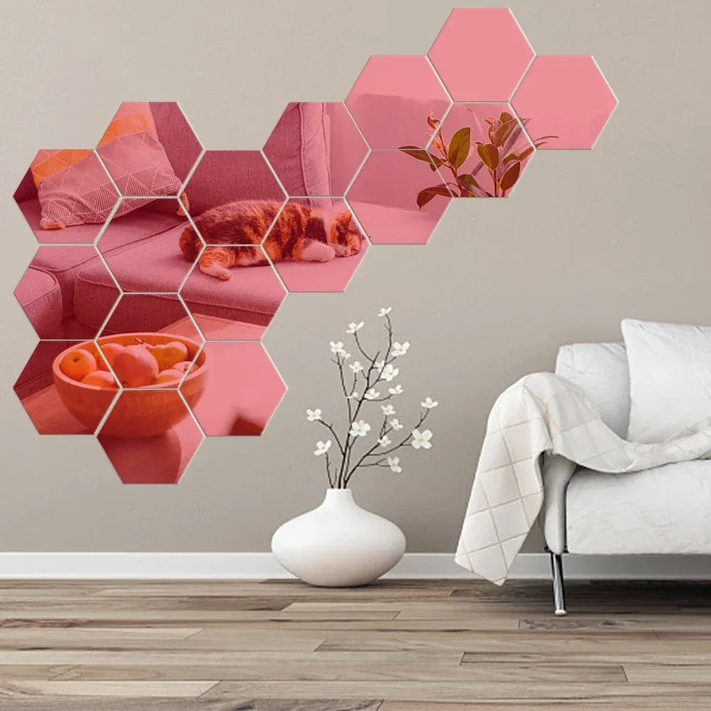 Lot de 6 ou 12 stickers muraux 3D hexagonaux miroir or rose, autocollants 7