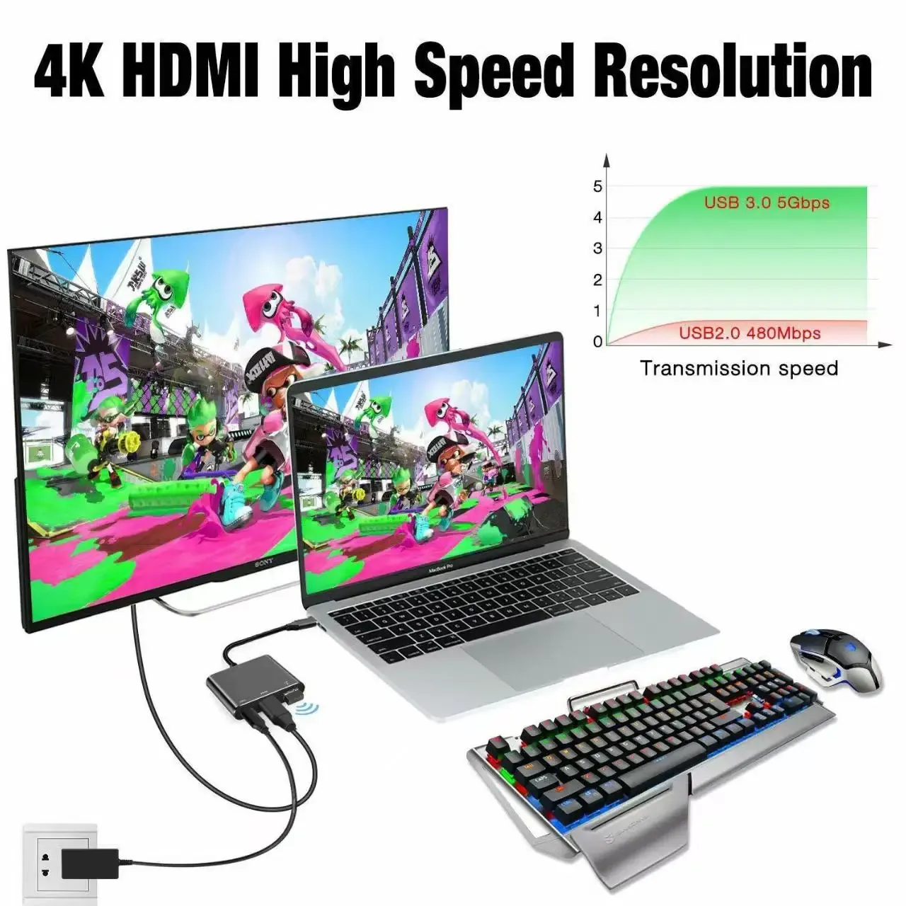 Hub USB-C 3 en 1 : Type-C 3 en 1 PD 100 W + HDMI (4K/30 Hz) + USB 3.0 3