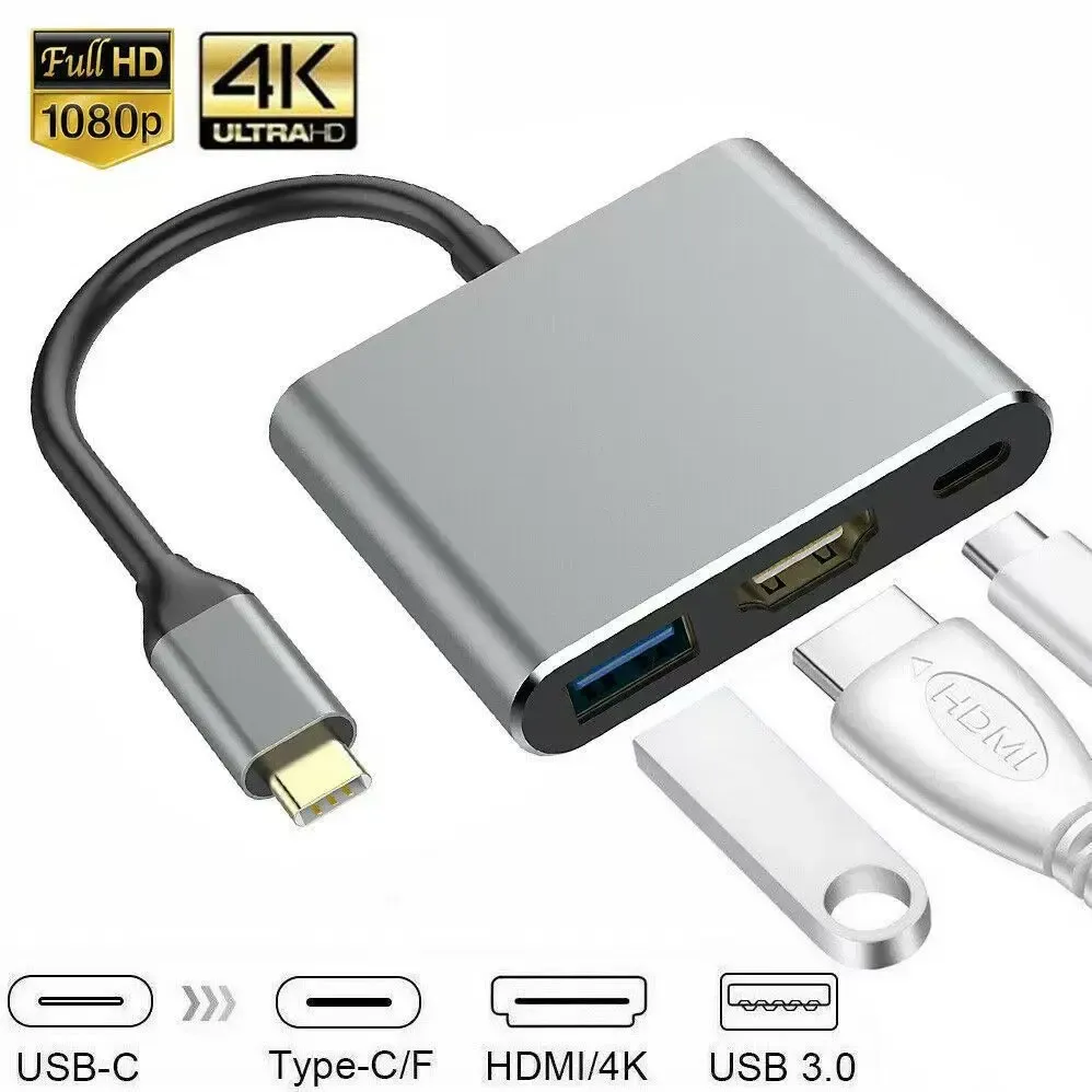 Hub USB-C 3 en 1 : Type-C 3 en 1 PD 100 W + HDMI (4K/30 Hz) + USB 3.0 2