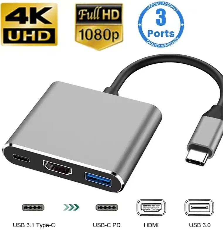 Hub USB-C 3 en 1 : Type-C 3 en 1 PD 100 W + HDMI (4K/30 Hz) + USB 3.0 8