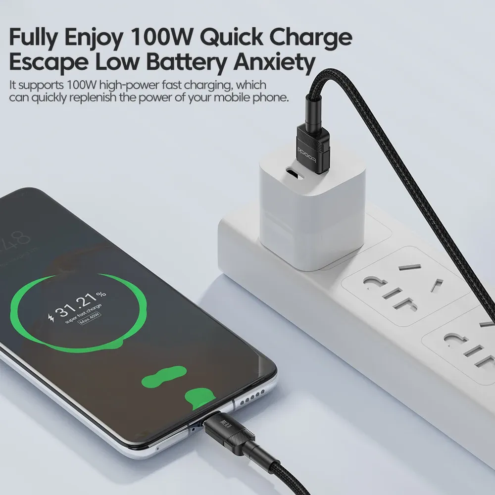 Câble USB vers USB-C Toocki 6A, charge rapide PD 100W, compatible Huawei, Xiaomi, Samsung et OnePlus 2