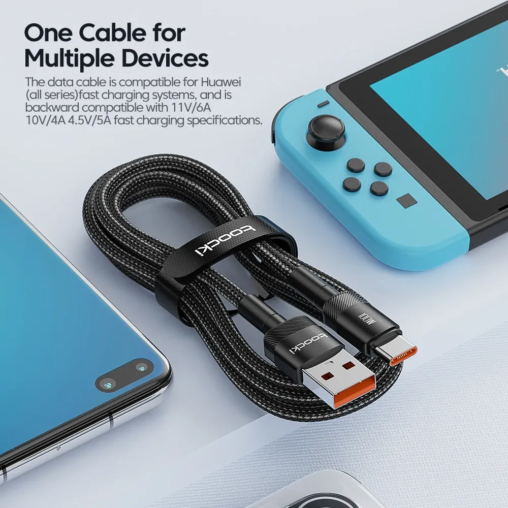 Câble USB vers USB-C Toocki 6A, charge rapide PD 100W, compatible Huawei, Xiaomi, Samsung et OnePlus 3