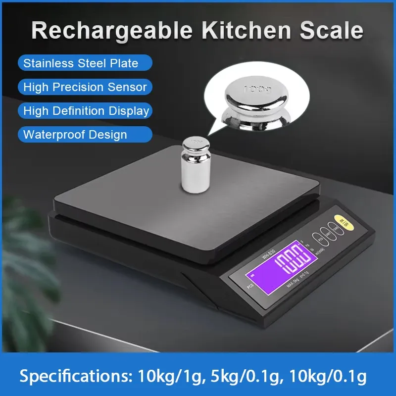 Balance de cuisine électronique rechargeable 5 kg / 10 kg, étanche, écran LCD, en acier inoxydable