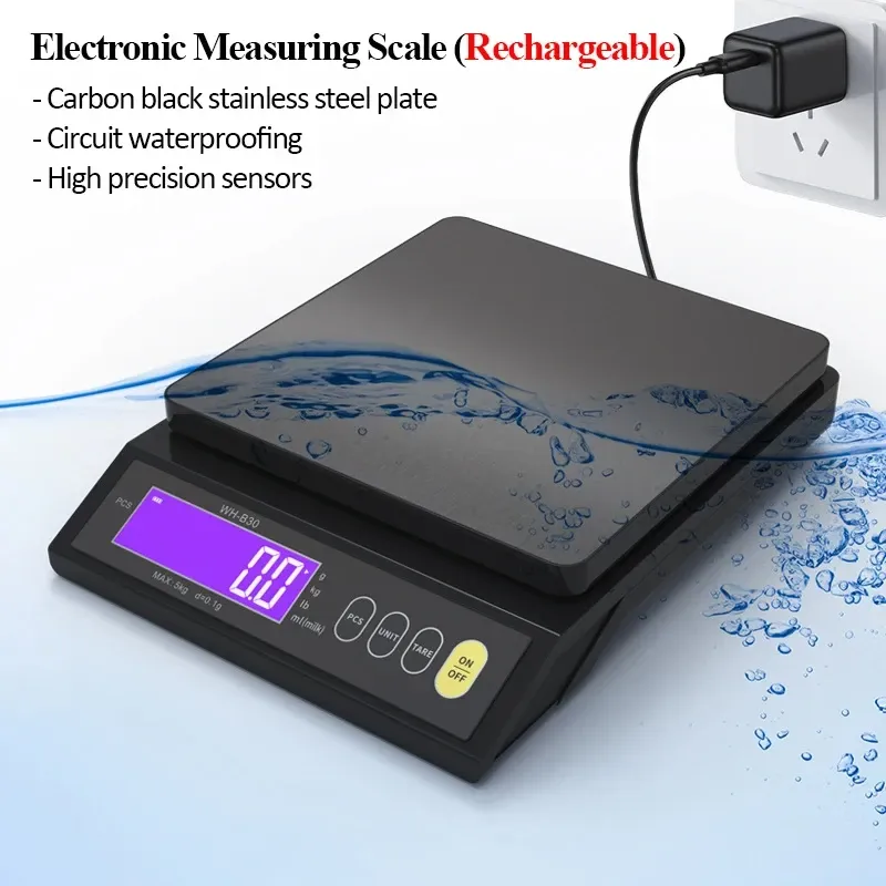 Balance de cuisine électronique rechargeable 5 kg / 10 kg, étanche, écran LCD, en acier inoxydable 6