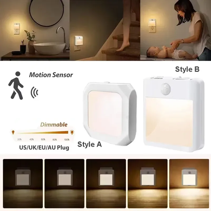 Veilleuse LED avec détecteur de mouvement, prise UE/US/AU/UK, éclairage d'armoire à intensité variable pour chambre de bébé, chevet, couloir