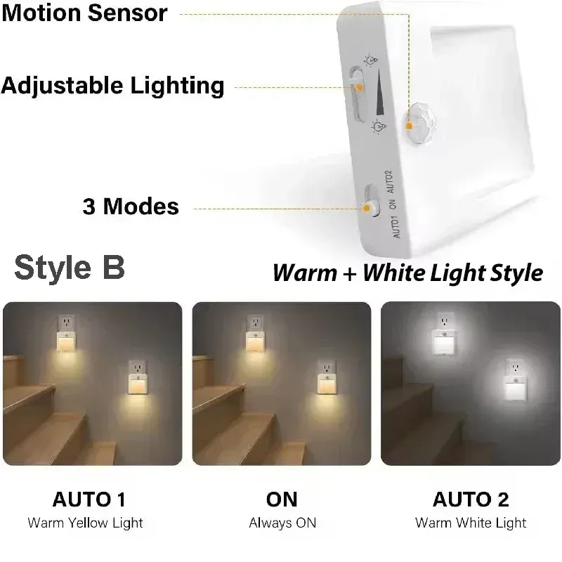 Veilleuse LED avec détecteur de mouvement, prise UE/US/AU/UK, éclairage d'armoire à intensité variable pour chambre de bébé, chevet, couloir 5