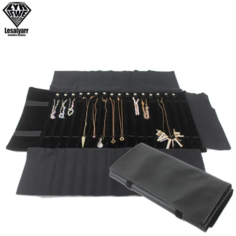 Organisateur de bijoux de voyage pliable en velours, étui à bijoux pour colliers et pendentifs 10
