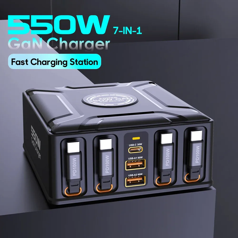 Station de charge 7 en 1 550 W avec câble USB-C rétractable 100 W, chargeur rapide GaN pour MacBook Pro, iPhone 17, Samsung, ordinateur portable et tablette