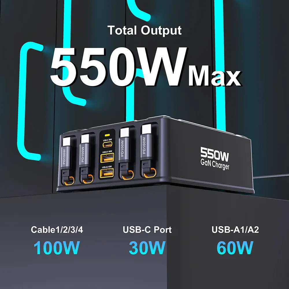 Station de charge 7 en 1 550 W avec câble USB-C rétractable 100 W, chargeur rapide GaN pour MacBook Pro, iPhone 17, Samsung, ordinateur portable et tablette 2