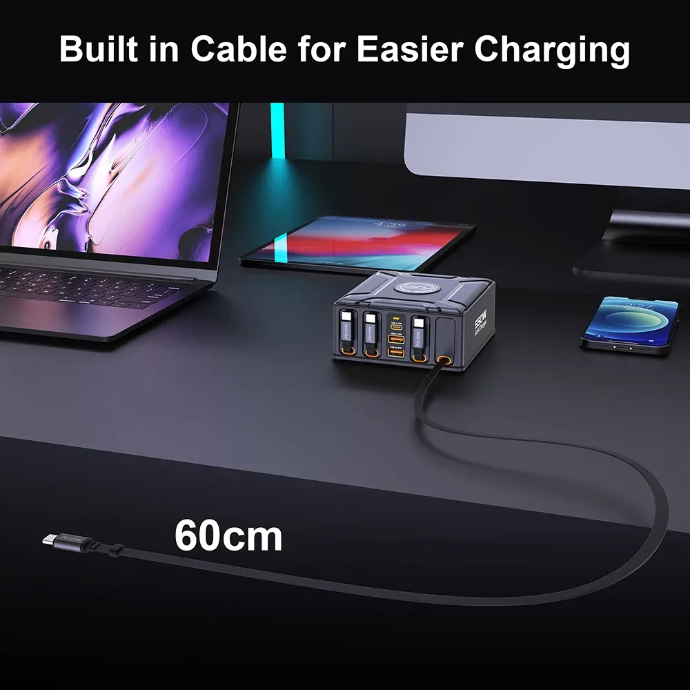 Station de charge 7 en 1 550 W avec câble USB-C rétractable 100 W, chargeur rapide GaN pour MacBook Pro, iPhone 17, Samsung, ordinateur portable et tablette 5