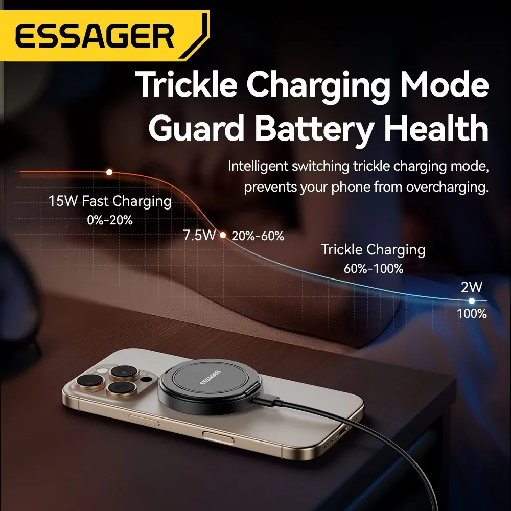 Chargeur sans fil magnétique Essager avec support, charge rapide 15 W pour iPhone 16, 15, 14, 13 Pro Max et AirPods Mini 6
