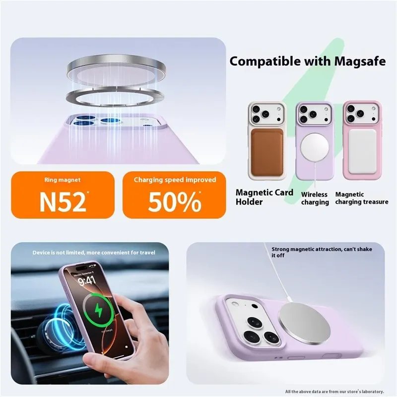 Étui magnétique fin en silicone liquide pour iPhone 17 Air, 16, 15, 14, 13, 12 Pro Max Plus, compatible MagSafe, housse de protection sécurisée 4