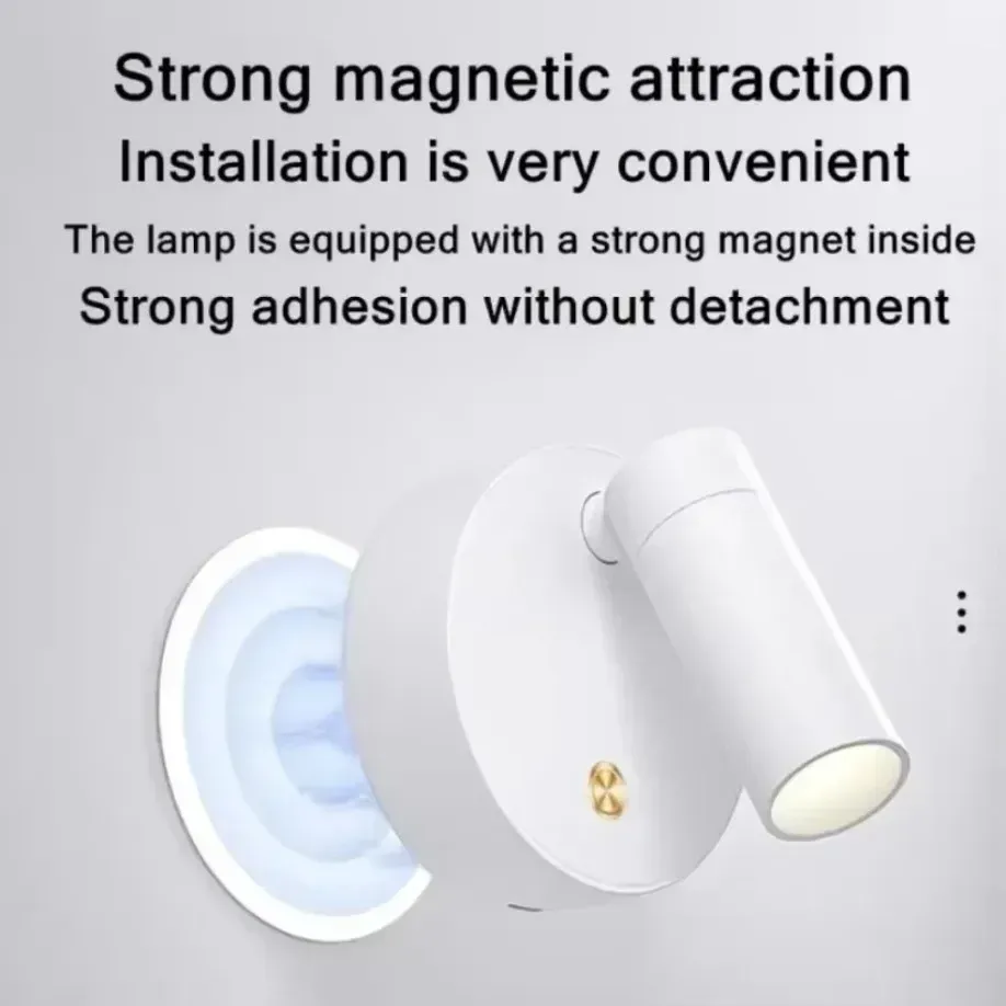 Applique murale LED rechargeable par USB pour chambre, base magnétique orientable noire et blanche avec interrupteur tactile, idéale pour le chevet, le bureau et la lecture 4