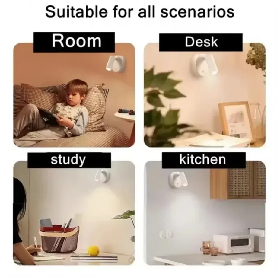 Applique murale LED rechargeable par USB pour chambre, base magnétique orientable noire et blanche avec interrupteur tactile, idéale pour le chevet, le bureau et la lecture 6