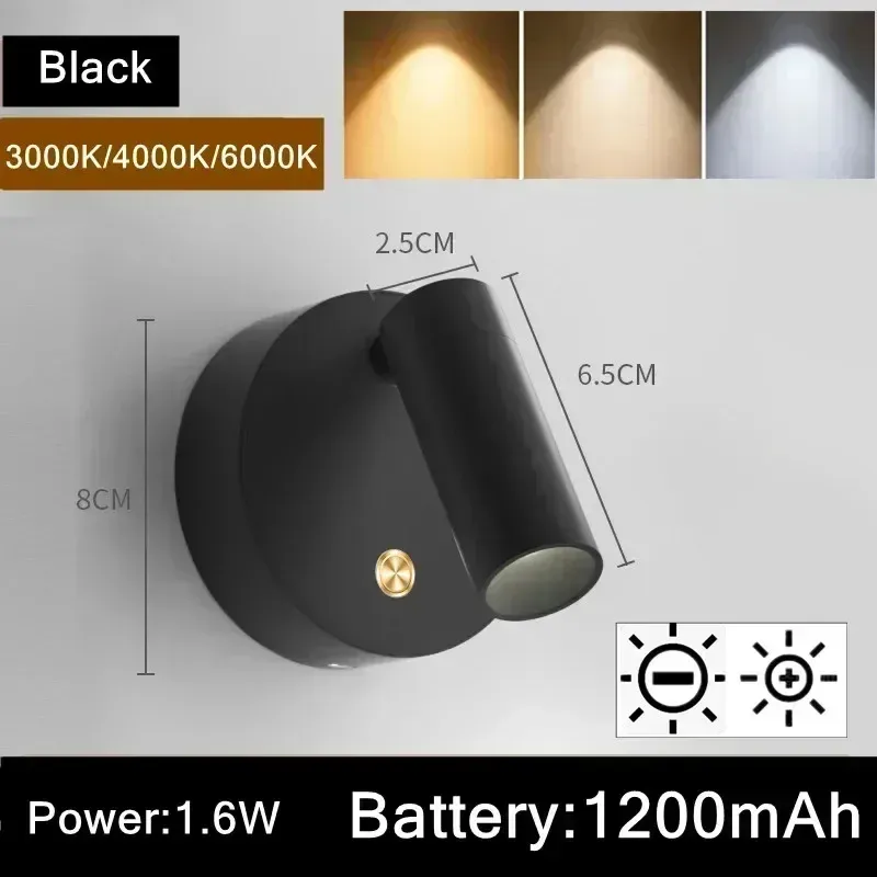 Applique murale LED rechargeable par USB pour chambre, base magnétique orientable noire et blanche avec interrupteur tactile, idéale pour le chevet, le bureau et la lecture 7