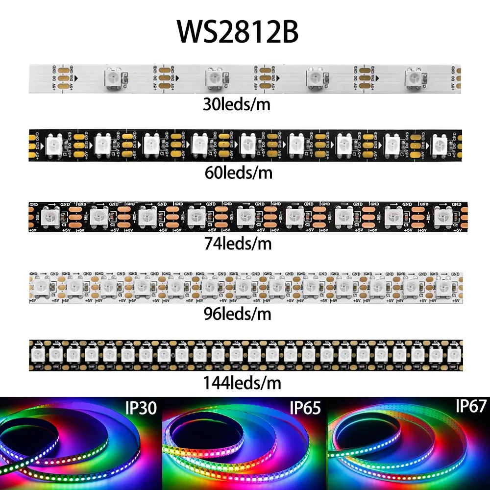 Bande LED WS2812B WS2812 DC5V adressable individuellement, RGB, 30/60/74/96/144 LEDs/m, PCB noir ou blanc, IP30/IP65/IP67
