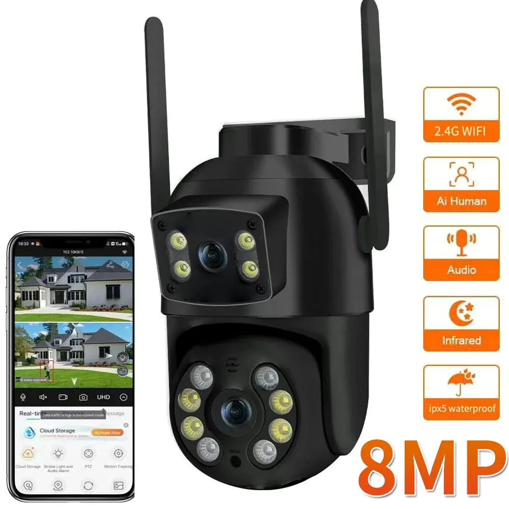 Caméra Wifi PTZ 8MP 4K à double objectif et double écran, détection humaine par IA, caméra IP de surveillance CCTV extérieure sans fil