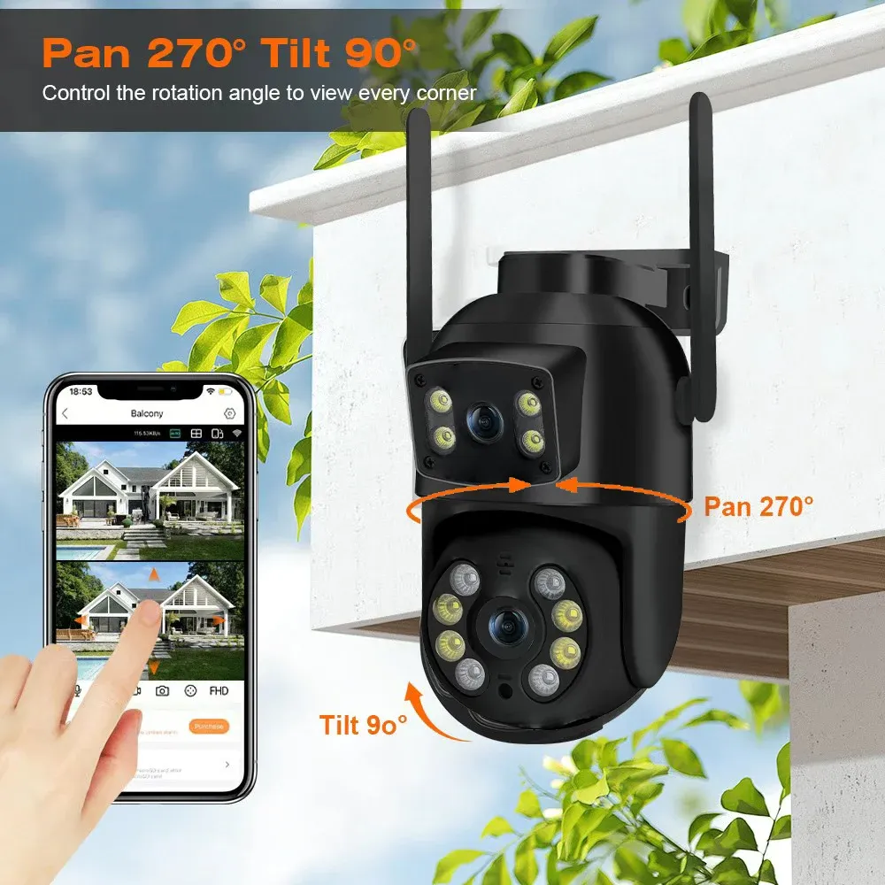Caméra Wifi PTZ 8MP 4K à double objectif et double écran, détection humaine par IA, caméra IP de surveillance CCTV extérieure sans fil 5