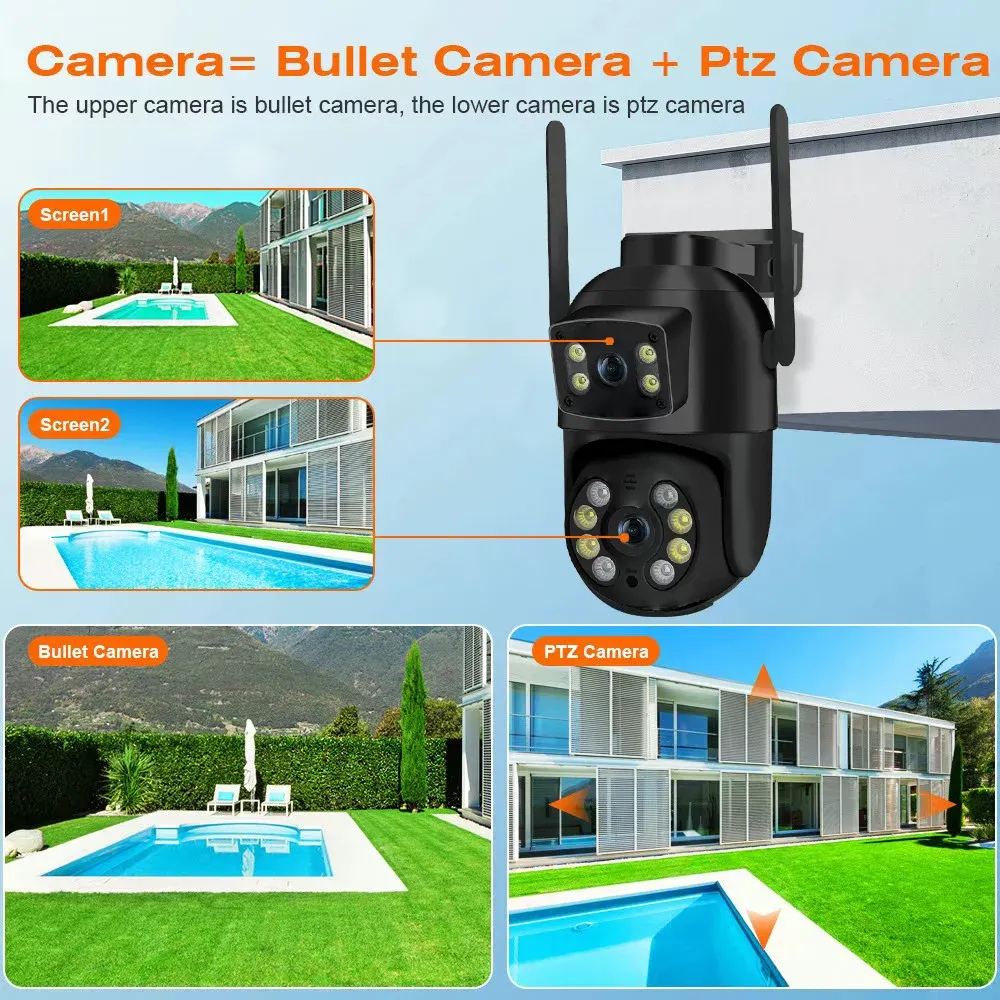 Caméra Wifi PTZ 8MP 4K à double objectif et double écran, détection humaine par IA, caméra IP de surveillance CCTV extérieure sans fil 6