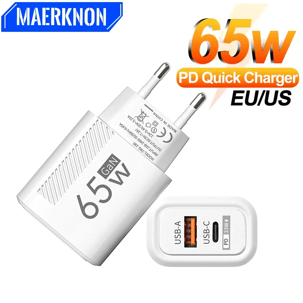 Chargeur USB-C GaN 65 W à charge rapide QC 3.0 pour iPhone, Samsung et Xiaomi, avec prises UE et US