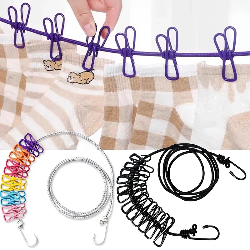 Corde à linge portable avec 12 pinces, élastique, rétractable et extensible pour l'arrière-cour 2