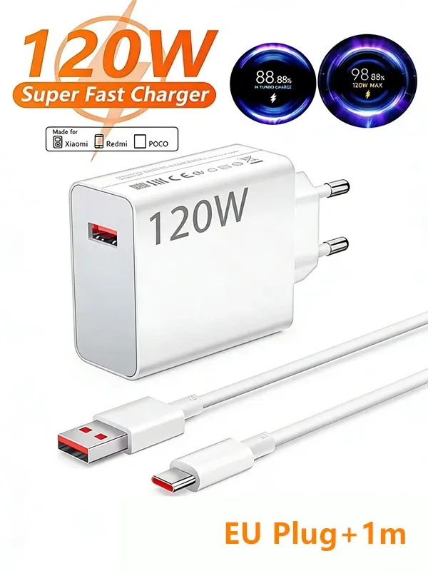 Chargeur USB rapide 120 W avec câble USB-C Turbo 6 A, compatible Xiaomi, Redmi et POCO 7