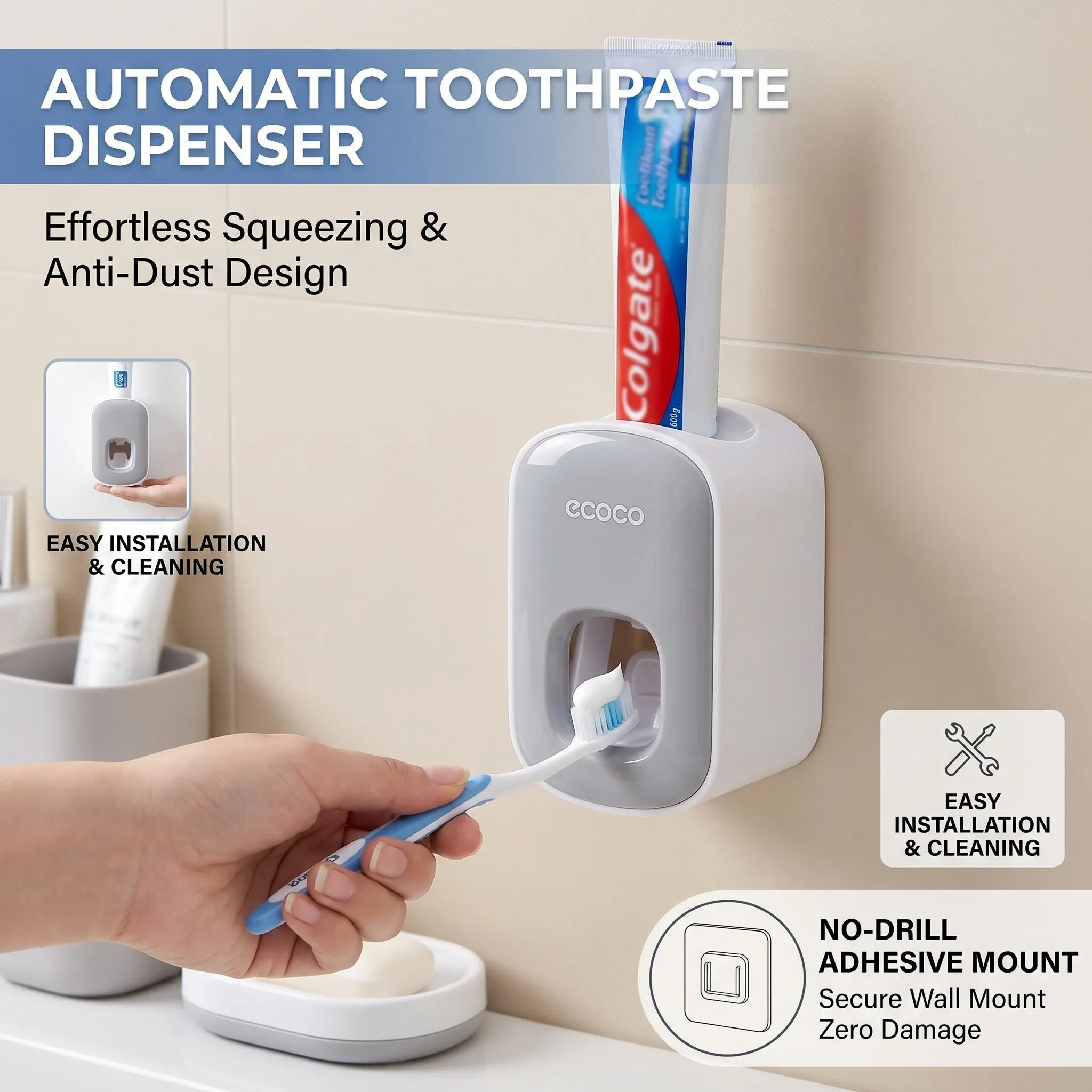 Distributeur automatique de dentifrice anti-poussière avec support mural pour brosse à dents, ensemble d'accessoires de salle de bains 5