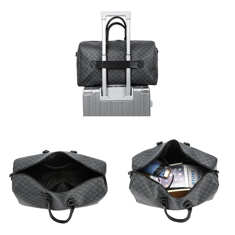 Sac de voyage noir pour homme, grande capacité, sac d'affaires classique à motif intégral, sac à bandoulière pour homme 5
