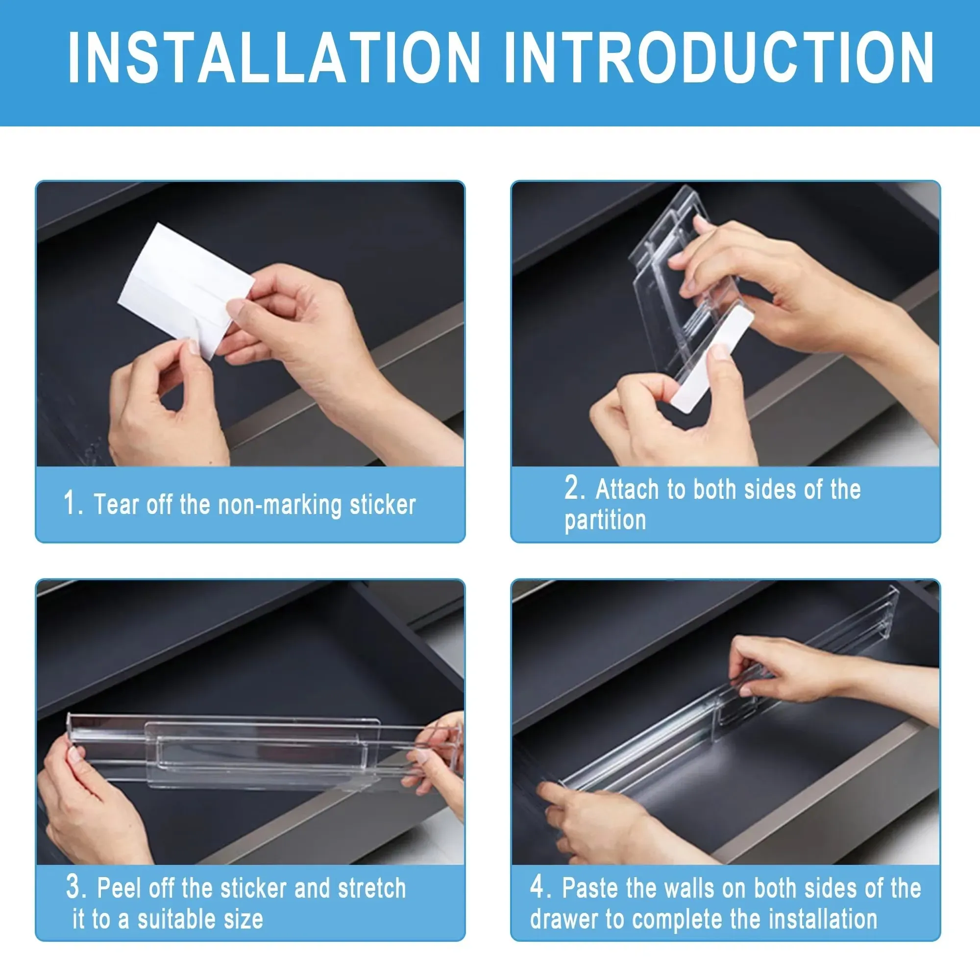 Séparateurs de tiroir pour garde-robe, lot de 1, 2, 4, 6 ou 8, organisateurs extensibles en plastique transparent pour tiroirs de cuisine 4