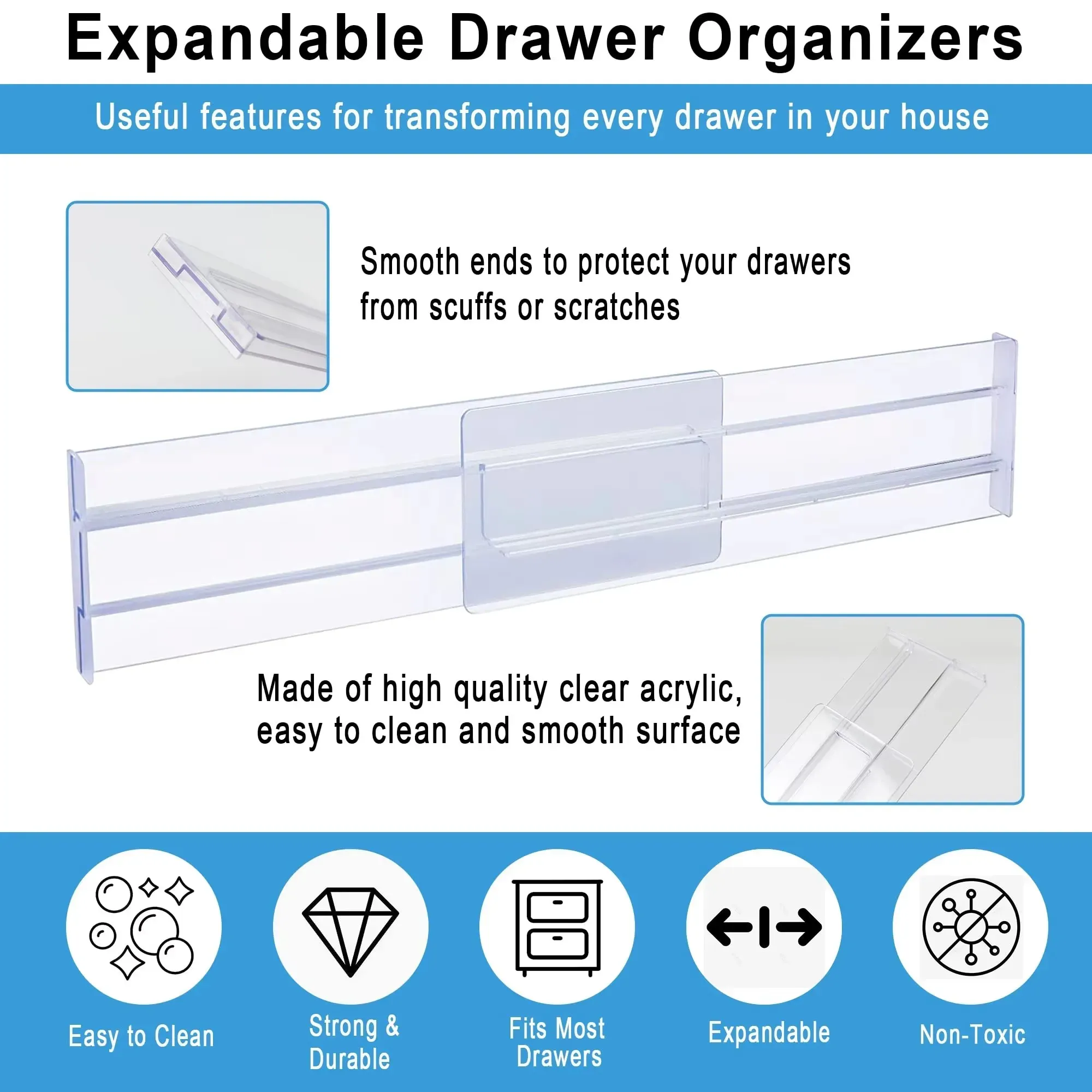 Séparateurs de tiroir pour garde-robe, lot de 1, 2, 4, 6 ou 8, organisateurs extensibles en plastique transparent pour tiroirs de cuisine 6