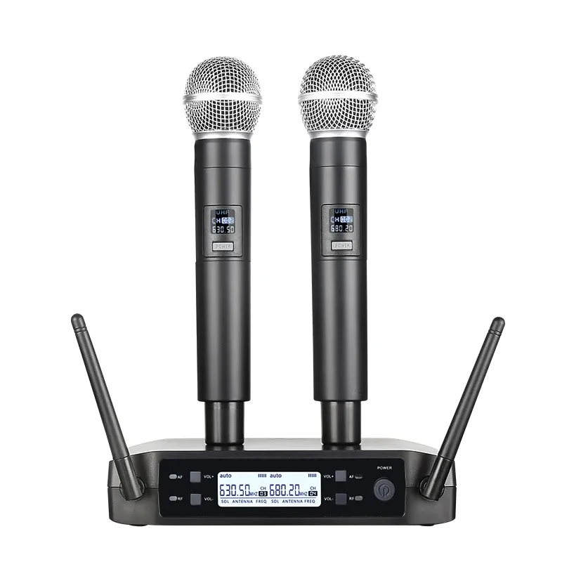 Microphone sans fil portatif à double canal, micro dynamique UHF à fréquence fixe pour karaoké, mariage et spectacle d'église