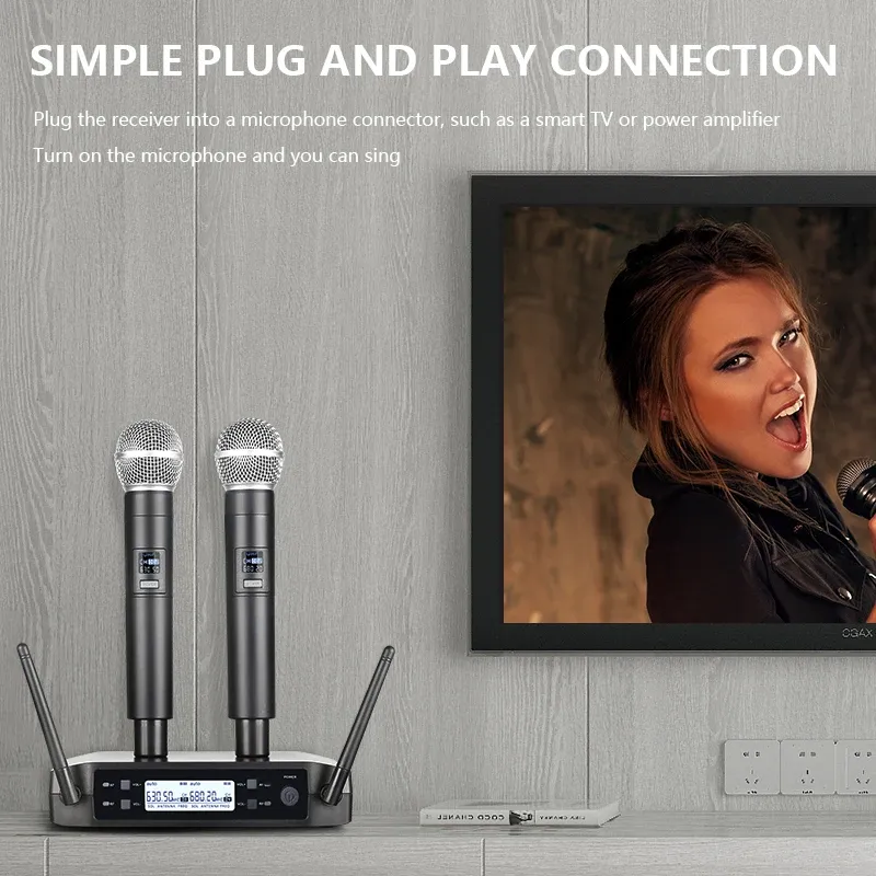 Microphone sans fil portatif à double canal, micro dynamique UHF à fréquence fixe pour karaoké, mariage et spectacle d'église 6