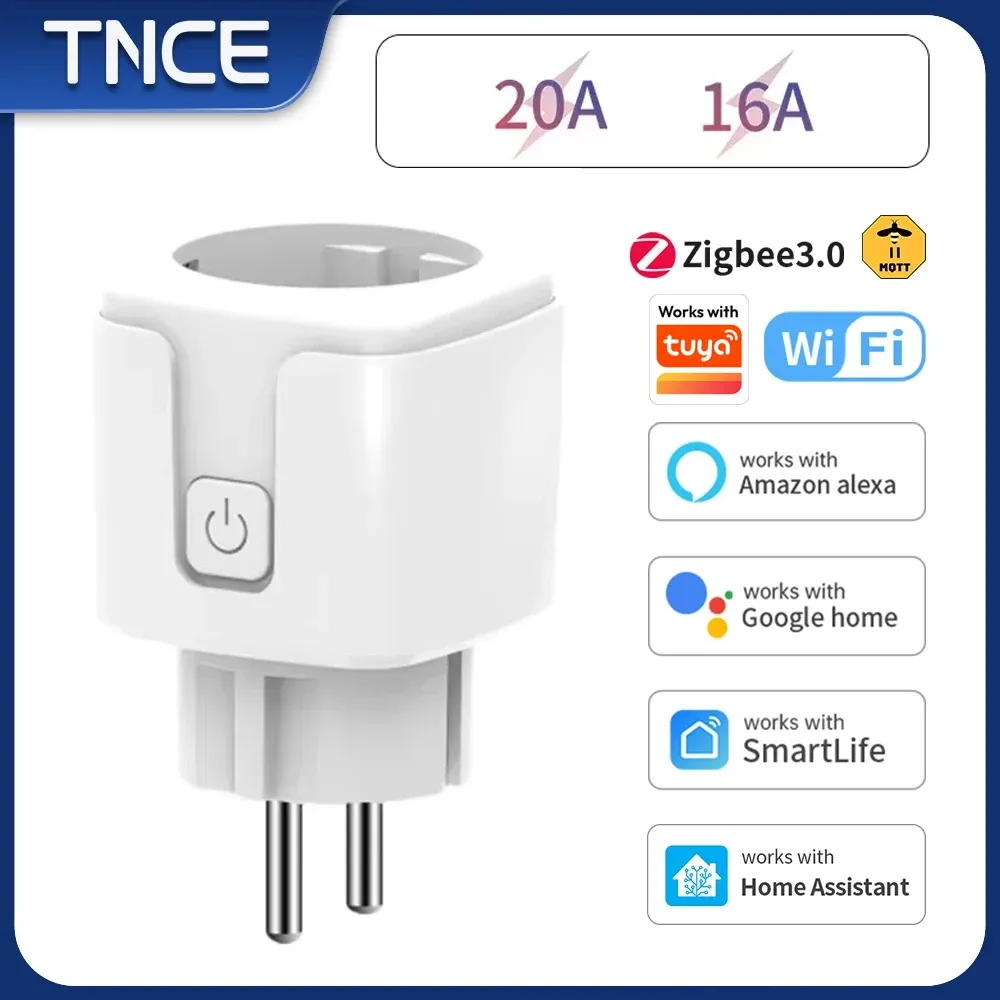 Prise connectée Tuya Wi-Fi/Zigbee 16/20 A avec surveillance de consommation, compatible Alexa, Google Home et Alice, contrôle vocal et via application