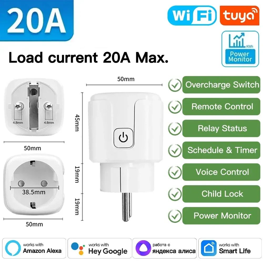 Prise connectée Tuya Wi-Fi/Zigbee 16/20 A avec surveillance de consommation, compatible Alexa, Google Home et Alice, contrôle vocal et via application 8