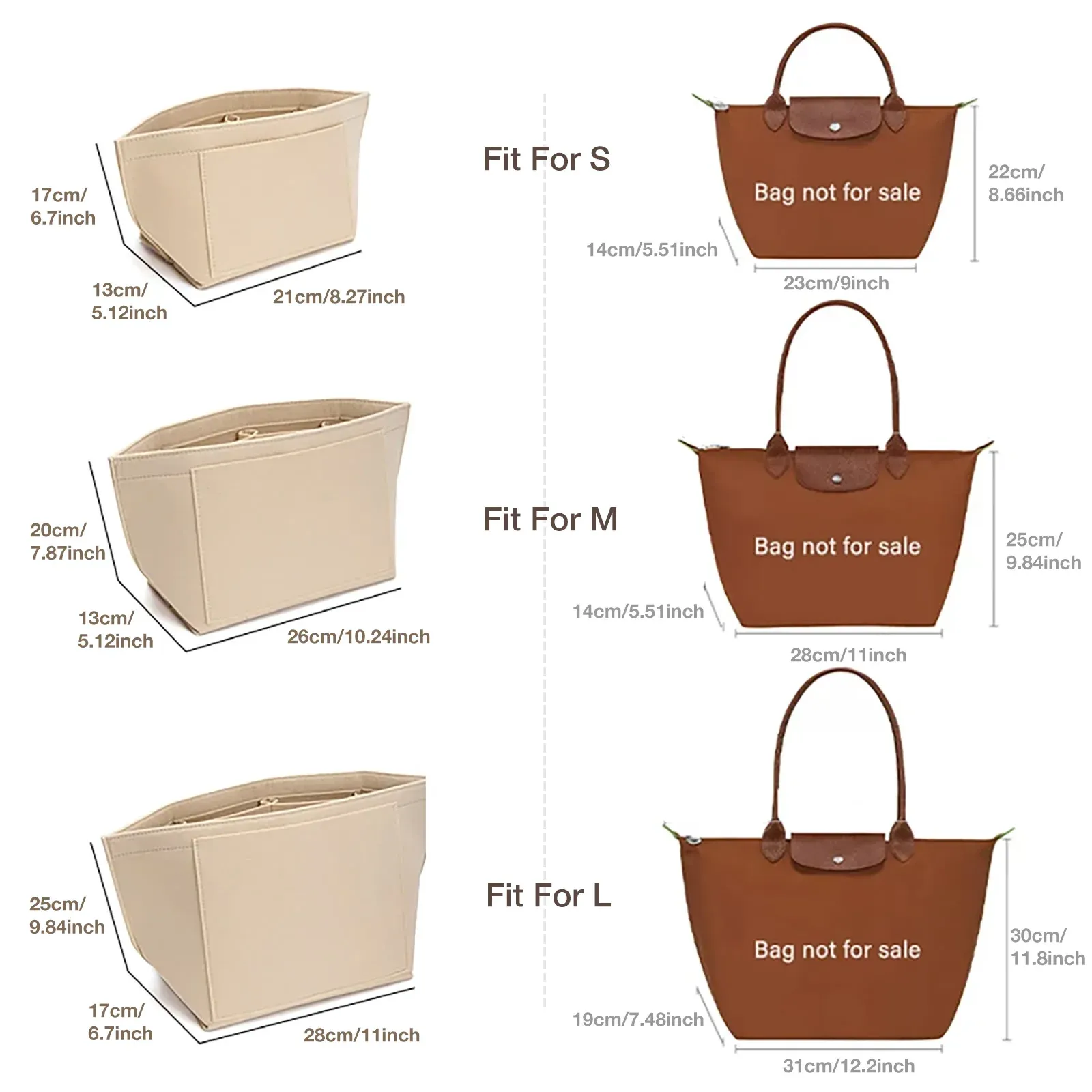 Insert de sac en feutre pour sac à main Longchamp, doublure et pochette à maquillage 3