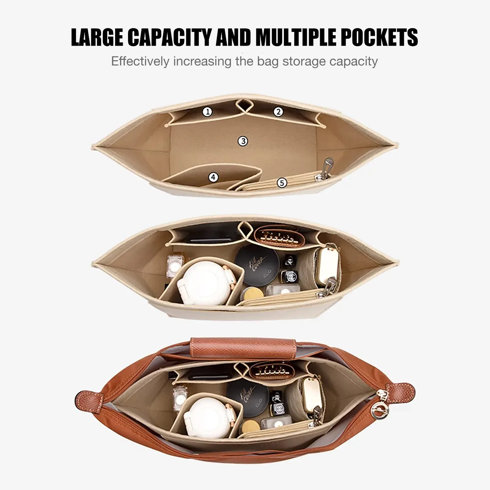 Insert de sac en feutre pour sac à main Longchamp, doublure et pochette à maquillage 4